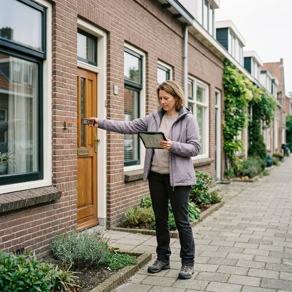 Taxateur meet de voorgevel van een Nederlandse tussenwoning op met een tablet