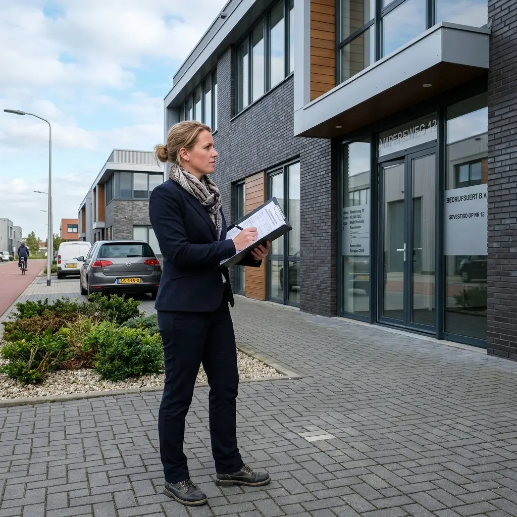 Taxateur inspecteert de buitenkant van een Nederlands bedrijfspand