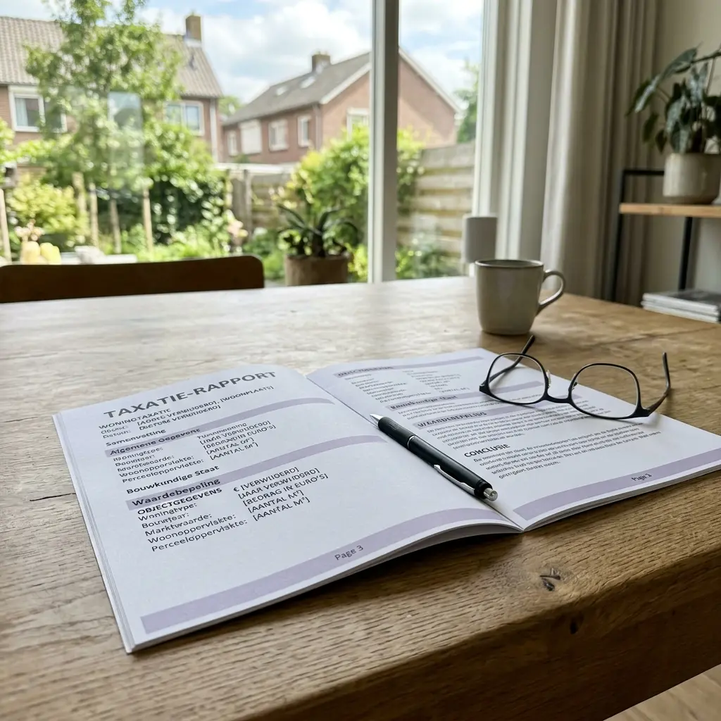 Taxatierapport met pen en bril op een houten tafel in een Nederlandse woonkamer