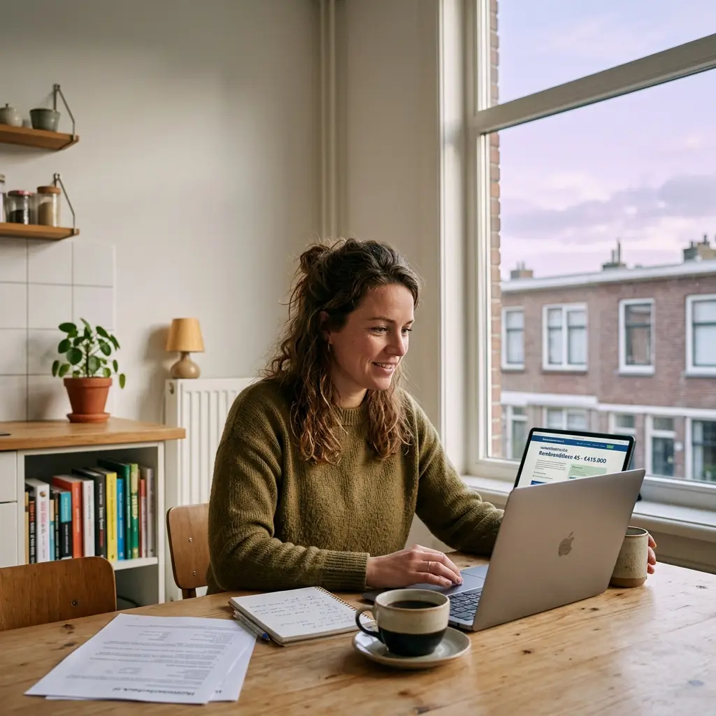 Huiseigenaar bekijkt een online woningwaarde-indicatie op een laptop aan de keukentafel