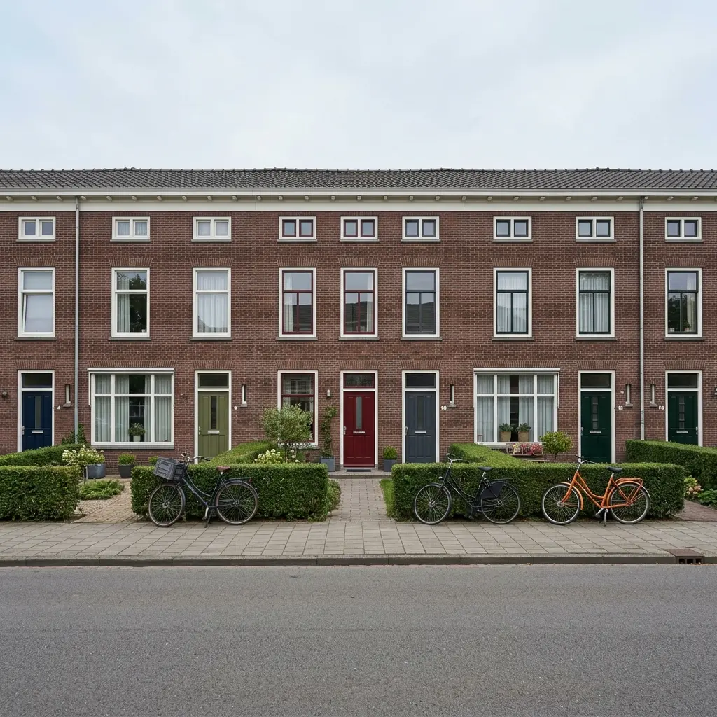 Rij vrijwel identieke Nederlandse rijtjeshuizen aan een rustige woonstraat