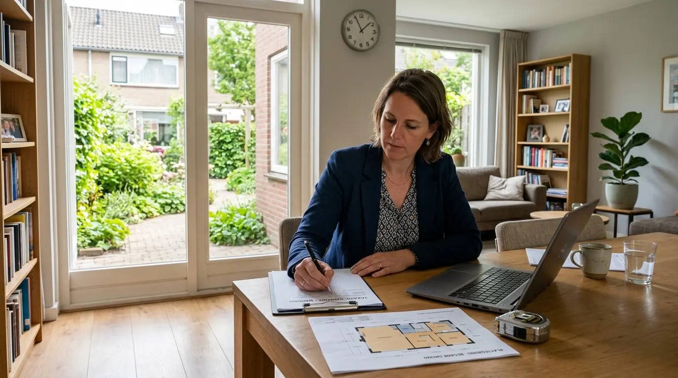 Taxateur maakt aantekeningen naast een plattegrond en laptop in een Nederlandse woning