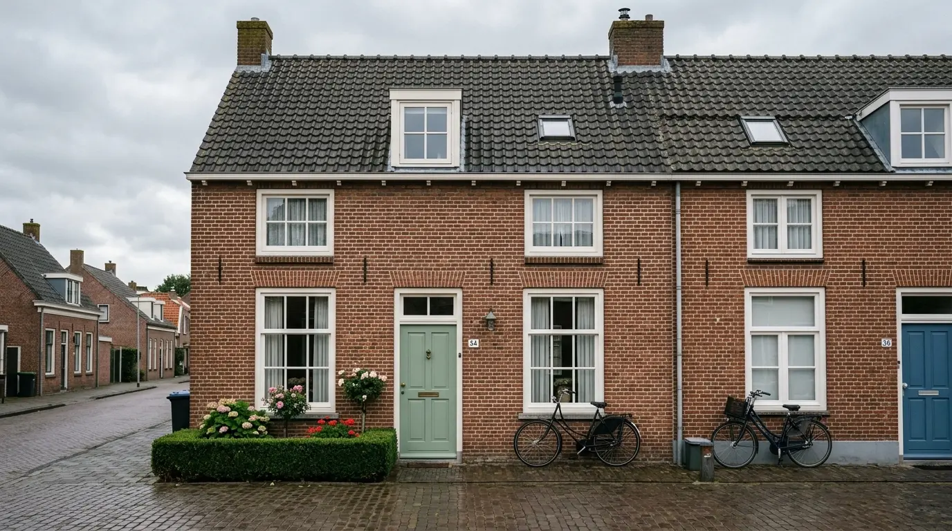 Nederlandse tussenwoning met groene voordeur aan een rustige woonstraat